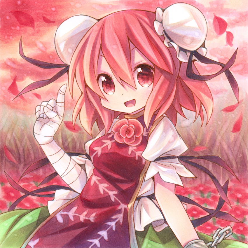 bandages bun_cover chain chinese_clothes cuffs double_bun flower highres ibaraki_kasen kagami_leo open_mouth petals pink_eyes pink_flower pink_hair pink_rose pointing puffy_sleeves red_eyes rose shackles short_hair smile solo touhou traditional_media