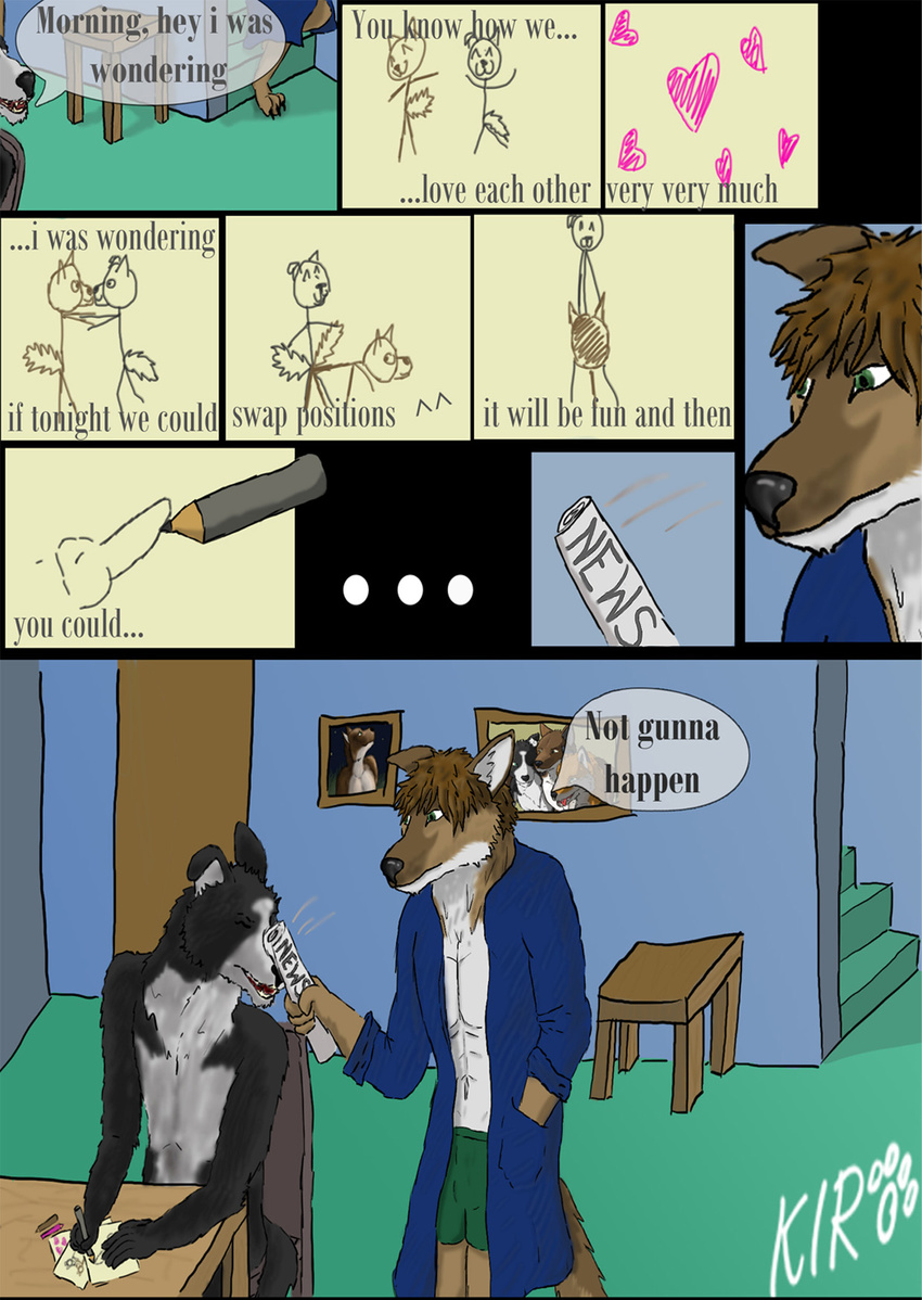 &hearts; border_collie canine clothing comic dialogue dog drawing english_text gay green_eyes hair kirodark male nude penis stick_figers tail text wolf
