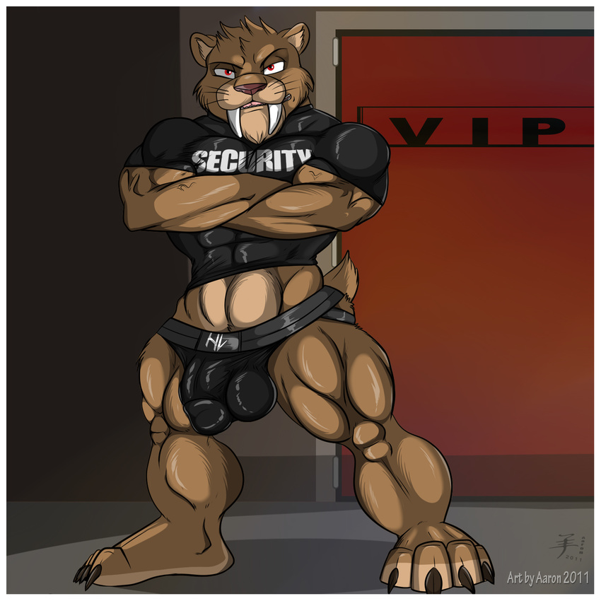 4_toes aaron aaron_(artist) abs anthro balls barefoot biceps big_balls big_muscles bouncer clothing feline jockstrap looking_at_viewer male mammal muscles pecs penis pepsi_(fa) pose red_eyes saber_tooth_tiger sabertooth security smilodon solo tiger trunks underwear