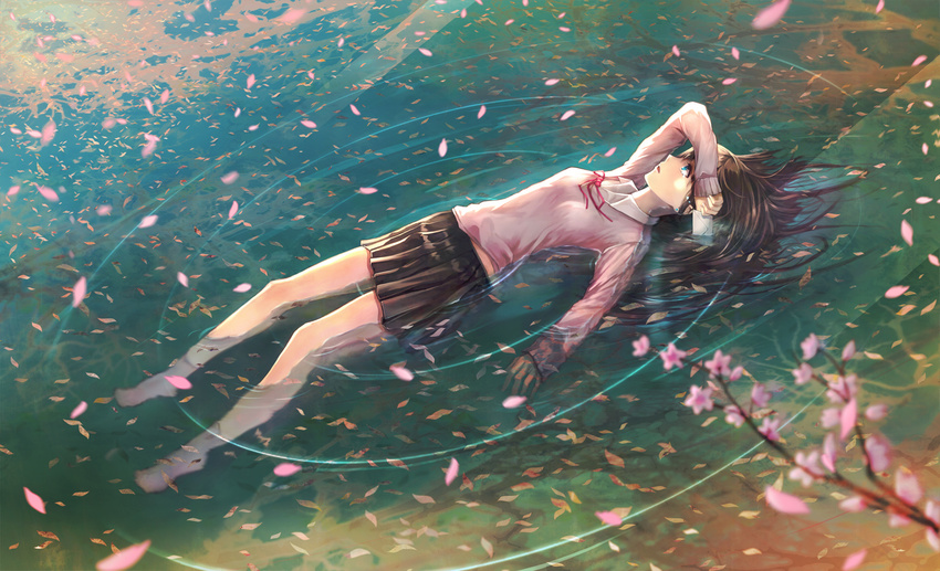 afloat bad_id bad_pixiv_id blue_eyes blurry brown_hair cherry_blossoms depth_of_field jname letter lying original partially_submerged petals ripples solo tears water wet wet_clothes