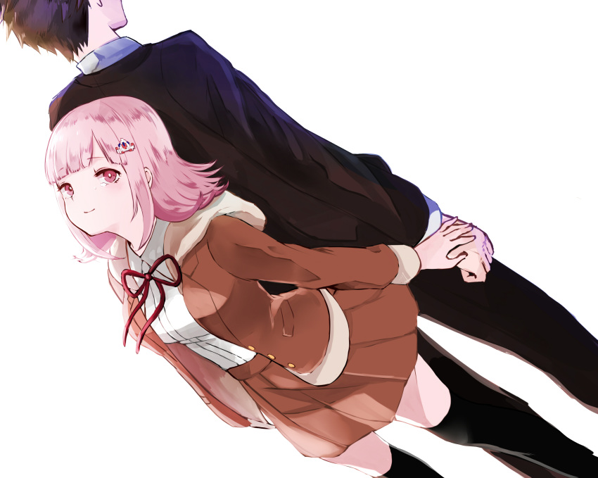 1boy 1girl bangs black_jacket black_legwear breasts brown_hair brown_jacket brown_skirt closed_mouth commentary_request daba_san danganronpa eyebrows_visible_through_hair feet_out_of_frame flipped_hair formal from_behind hair_ornament hairclip highres hinata_hajime hood hoodie jacket large_breasts looking_at_viewer looking_up nanami_chiaki open_eyes pink_eyes pink_hair pleated_skirt red_ribbon ribbon school_uniform shirt short_hair simple_background skirt smile solo_focus standing suit super_danganronpa_2 touching white_background white_shirt