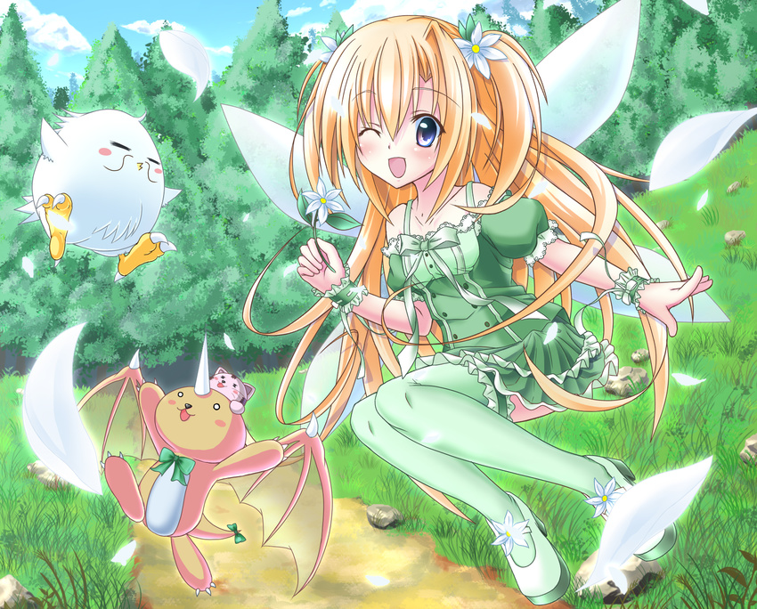 ;d atsuchi_yotarou bird blonde_hair blush creature day dress fairy fairy_wings flower forest frills full_body grass green_dress green_legwear hair_flower hair_intakes hair_ornament highres horn long_hair mary_janes nature one_eye_closed open_mouth original outdoors petals purple_eyes shoes skirt sky smile thighhighs tree two_side_up wings wrist_cuffs