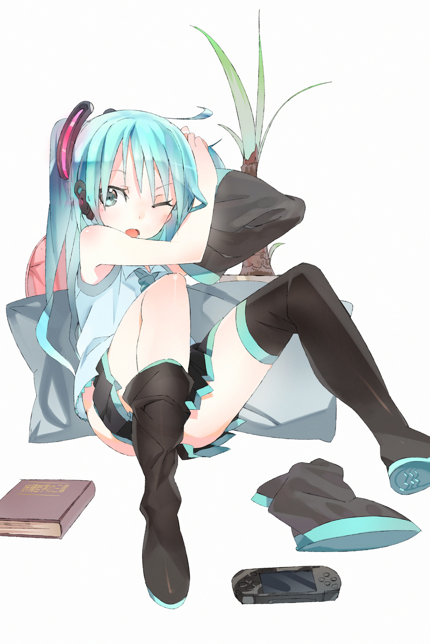 adjusting_hair aqua_eyes aqua_hair detached_sleeves handheld_game_console hatsune_miku headphones highres karei long_hair one_eye_closed playstation_portable sitting skirt solo thighhighs twintails very_long_hair vocaloid wince