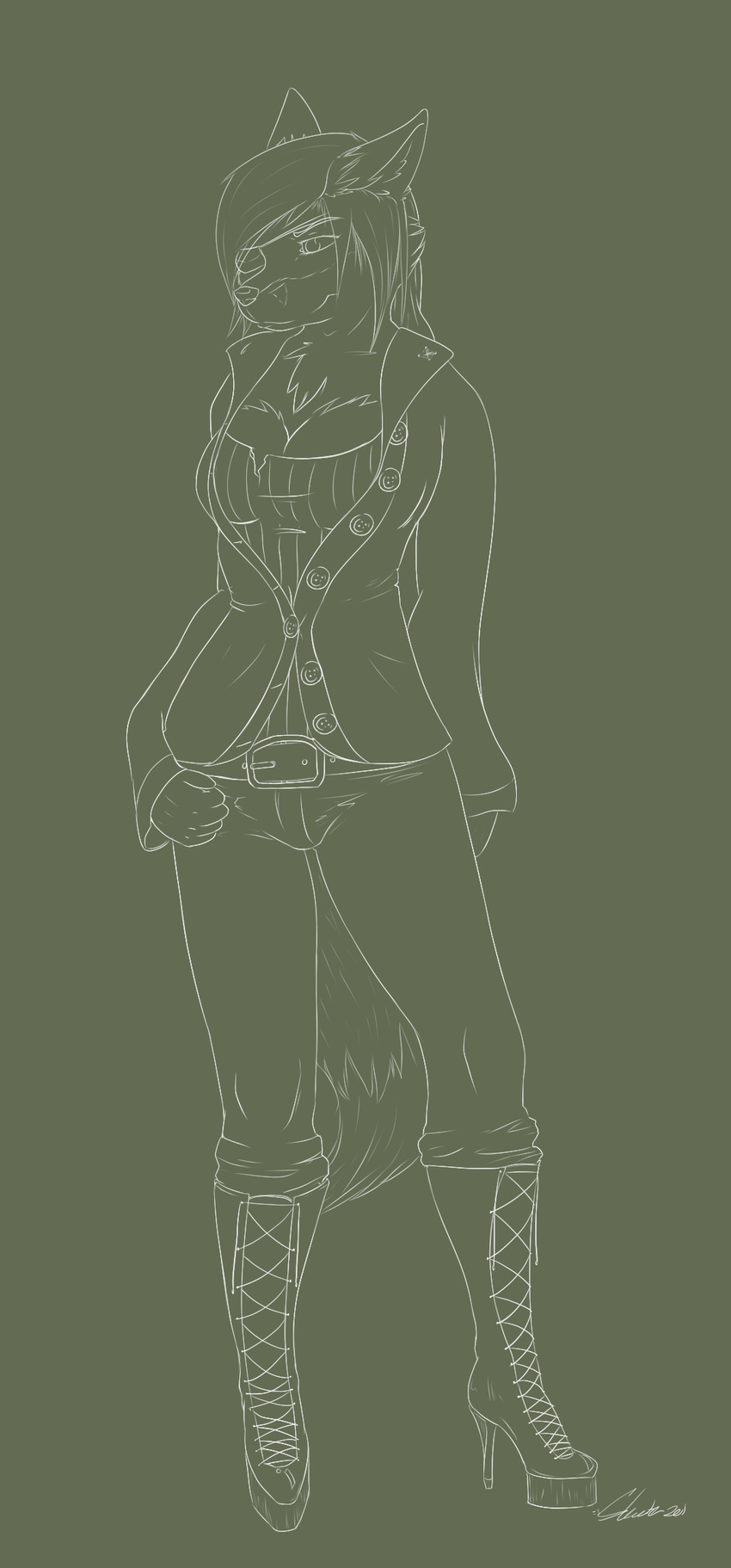 breasts canine chest_tuft cleavage clothed clothing eye_patch eyewear female fox fur high_heels line_art mammal oonami pirate pose skeeter_(artist) sketch solo striped_shirt tuft work_in_progress