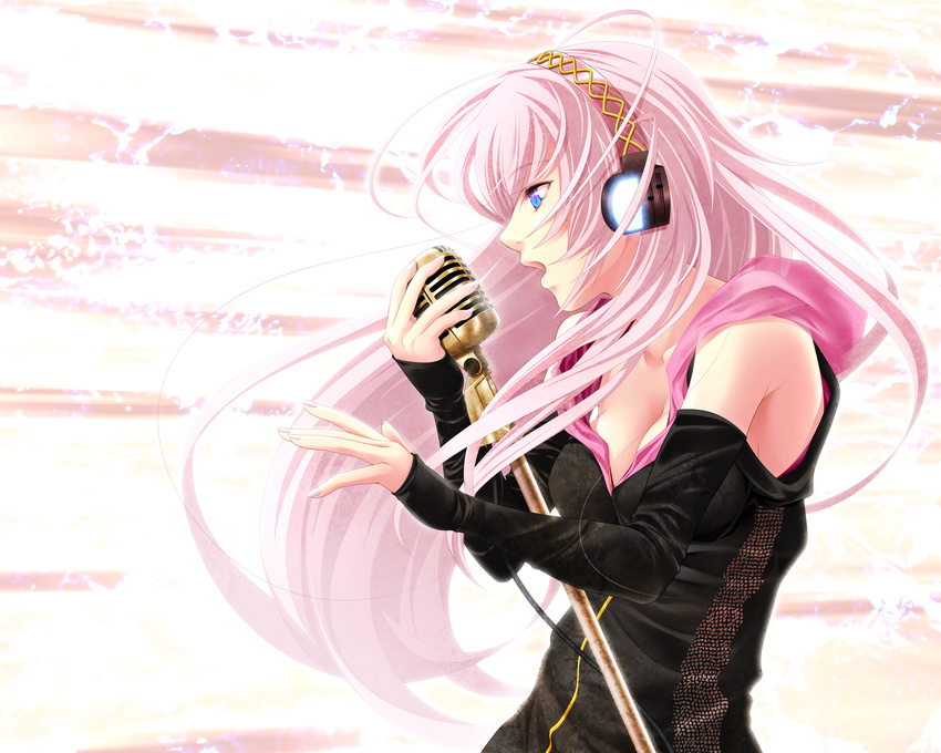 aizawa_kotarou blue_eyes breasts cleavage detached_sleeves headphones highres holding holding_microphone long_hair medium_breasts megurine_luka microphone open_mouth pink_hair solo vocaloid