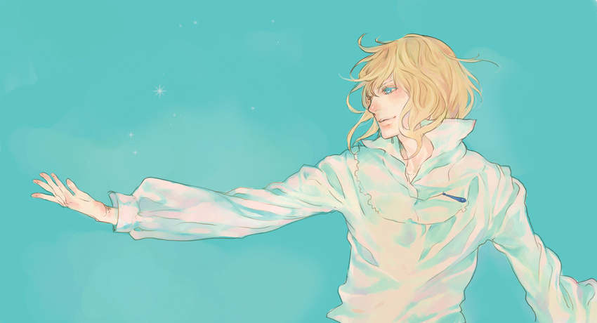 blonde_hair howl_(howl_no_ugoku_shiro) howl_no_ugoku_shiro male_focus npn outstretched_arm shirt solo white_shirt