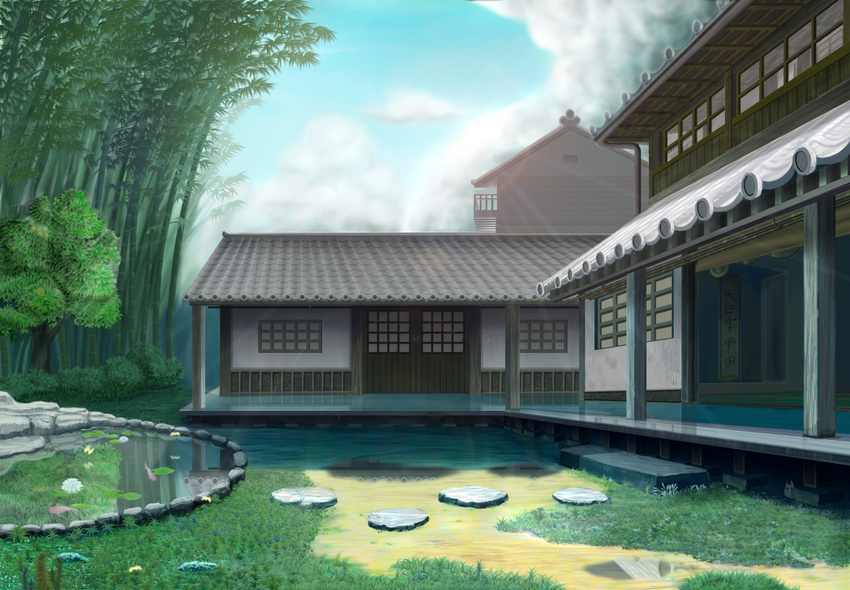 bamboo cloud day east_asian_architecture fish house koi no_humans original pond puddle reflection ruun_(abcdeffff) scenery shiny sky tonari_no_totoro totoro tree water