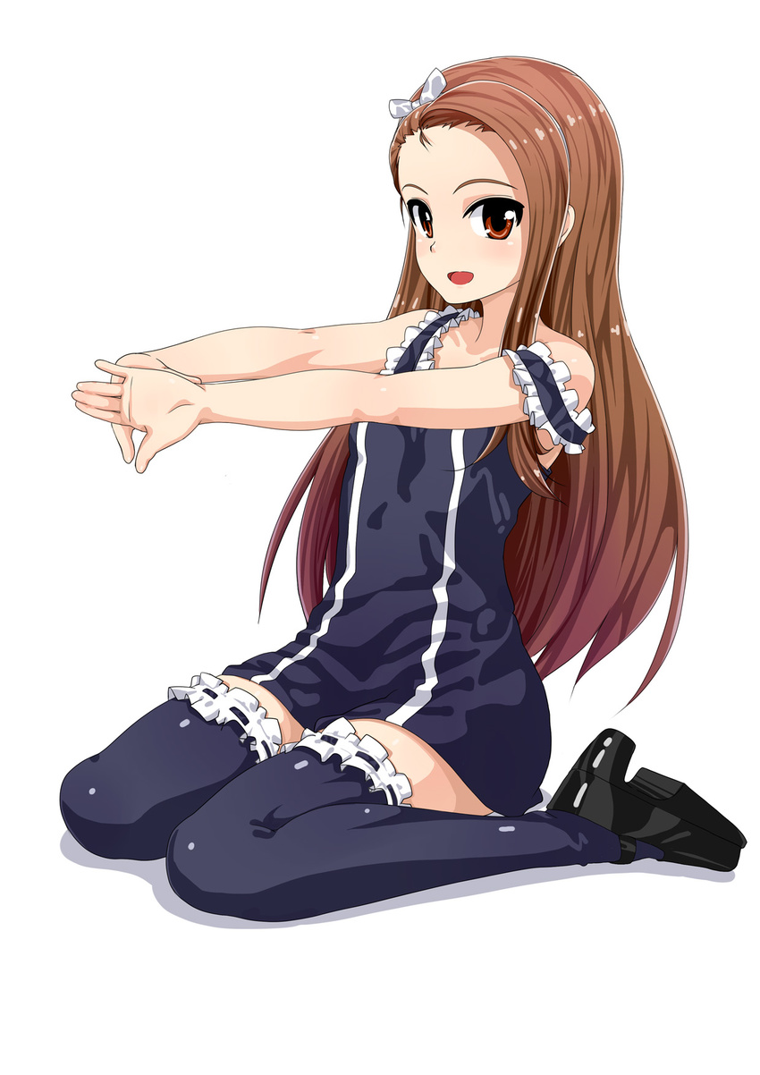 bare_shoulders black_footwear black_legwear brown_hair dress full_body garters gradient_hair hairband hands highres idolmaster idolmaster_(classic) long_hair mamezou minase_iori multicolored_hair open_mouth outstretched_arms plantar_flexion red_eyes shoes simple_background sitting smile solo strap_slip stretch thighhighs wariza zettai_ryouiki