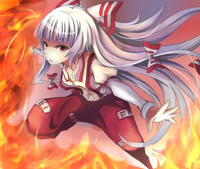 bow fire fujiwara_no_mokou grasspainter hair_bow highres lips long_hair outstretched_arms red_eyes silver_hair solo touhou very_long_hair
