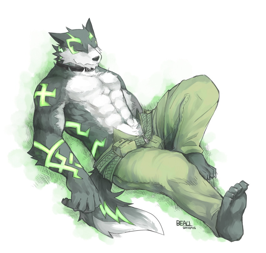 abs beau belt biceps body_markings canine claws clothing eyes_closed facial_markings fur glowing glowing_markings green_eyes green_markings lying male mammal markings muscles pants pecs sitting sleeping smile solo tattoo topless wolf