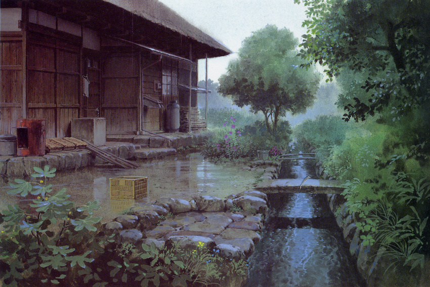 flower highres house nature no_humans official_art omohide_poro_poro plant river scan scenery traditional_media tree