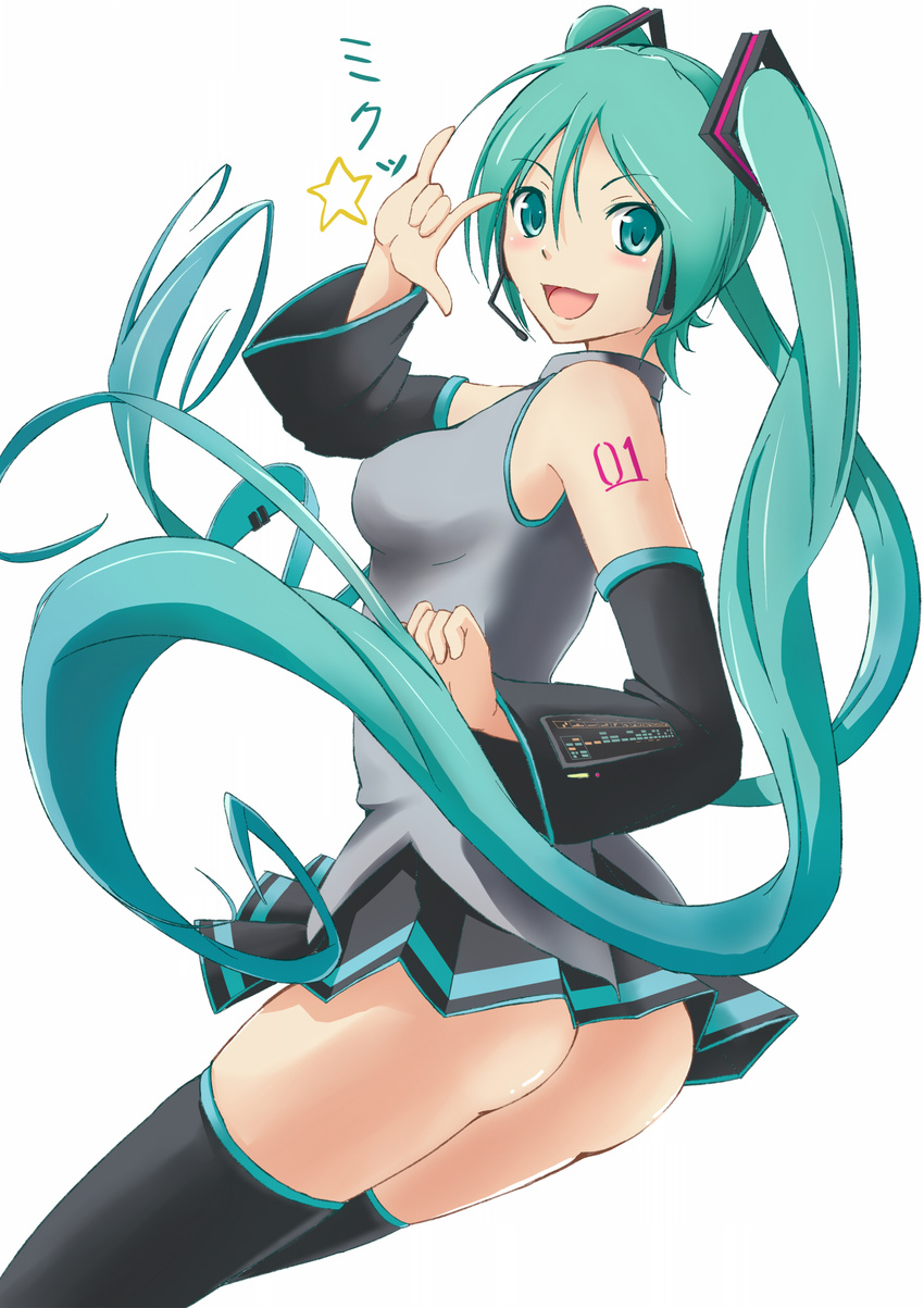 :d \m/ aqua_eyes aqua_hair ass bad_id bad_pixiv_id black_legwear blush breasts detached_sleeves hatsune_miku highres long_hair looking_at_viewer medium_breasts miu_(angelo_whitechoc) no_panties open_mouth pleated_skirt simple_background skirt smile solo star tattoo thighhighs twintails very_long_hair vocaloid