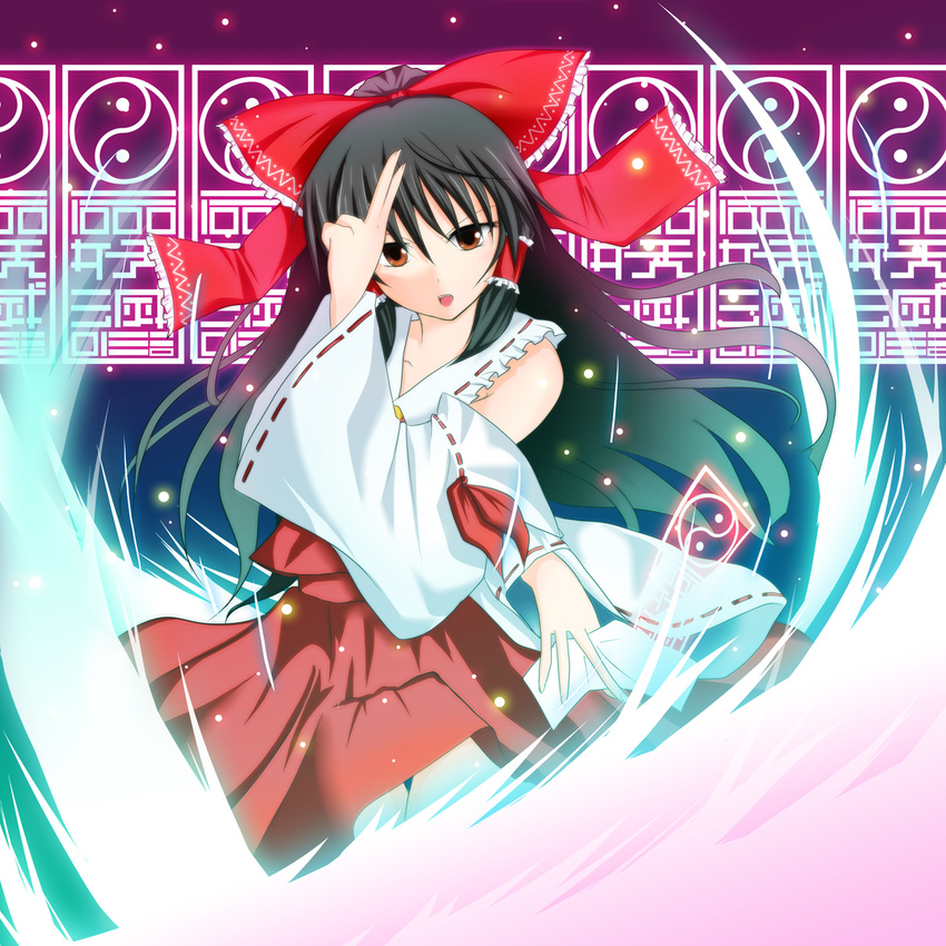 black_hair brown_eyes detached_sleeves fule hair_ribbon hair_tubes hakurei_reimu highres ofuda ribbon solo touhou