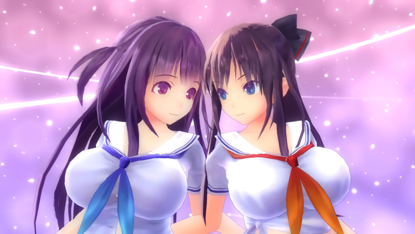 3d absurdres black_hair blush breasts couple eye_contact happy highres incest kagurazaka_ranka kagurazaka_rinka large_breasts long_hair looking_at_another multiple_girls purple_eyes purple_hair school_uniform screencap siblings sisters smile uniform valkyrie_drive valkyrie_drive_-bhikkhuni- yuri