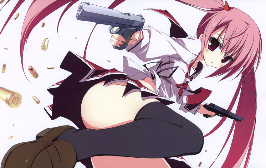 gun hidan_no_aria kanzaki_h_aria nopan pink_hair red_eyes seifuku suzuri thighhighs twintails weapon