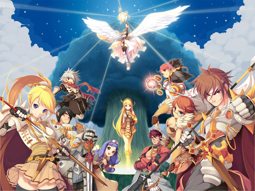 6+girls :3 :d acolyte angel_wings armor armored_dress arrow assassin_cross black_hair blonde_hair blue_eyes blue_hair book bow_(weapon) brown_eyes brown_hair clenched_hand cloud dagger fingerless_gloves fur_trim glasses gloves grey_hair hat koflif large_wings long_hair looking_at_viewer lord_knight mechanic_(ragnarok_online) multiple_boys multiple_girls novice nurse_cap one_eye_closed open_mouth orange_hair polearm ponytail quiver ragnarok_online red_hair royal_guard scabbard scarf sheath short_hair sky smile sniper_(ragnarok_online) sorcerer_(ragnarok_online) spear staff star_(sky) sword tree twintails unsheathing valkyrie valkyrie_(ragnarok_online) very_long_hair weapon wings