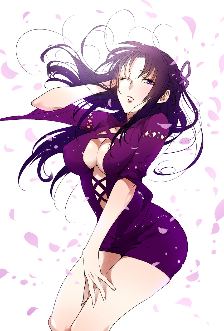 adjusting_hair bad_id bad_pixiv_id breasts brown_hair cleavage curvy dress highres hips kazari_tayu kazehana large_breasts one_eye_closed pose ribbon sekirei short_dress skindentation slender_waist smile solo wide_hips