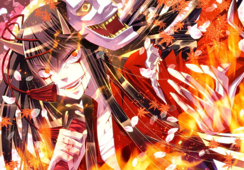 blood fangs fire hannya highres hinomoto_oniko horns long_hair mask original petals sarashi shijuu_hachi solo sword tassel torn_clothes weapon