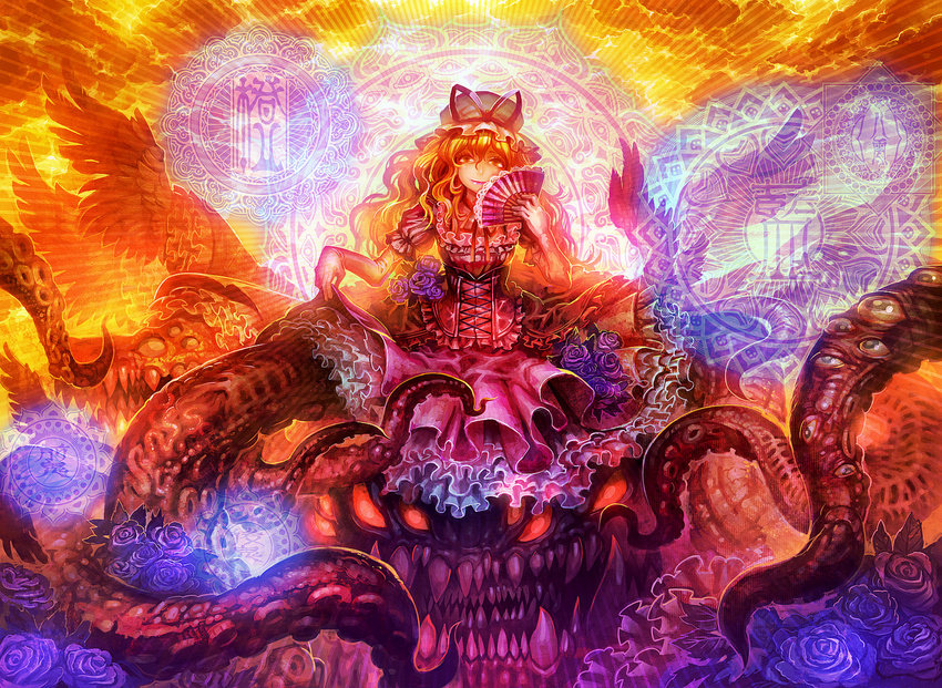 blonde_hair bow dress dress_lift eldritch_abomination eyes fan fangs flower frills hat hat_bow long_hair monster oni rose solo tentacles too_many too_many_frills touhou very_long_hair wings yakumo_yukari yellow_eyes zounose