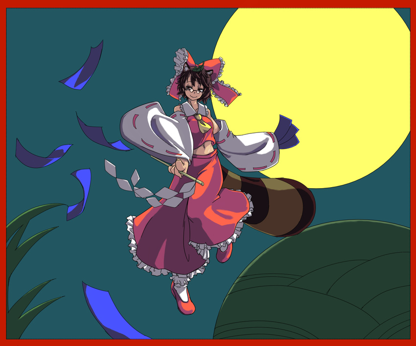 animal_ears ascot border bow brown_hair cosplay detached_sleeves flying frilled_skirt frills full_moon futatsuiwa_mamizou glasses gohei hair_bow hakurei_reimu hakurei_reimu_(cosplay) hirotasyou long_skirt midriff moon ofuda raccoon_ears raccoon_tail red_border red_skirt short_hair skirt smile solo spell_card tail touhou