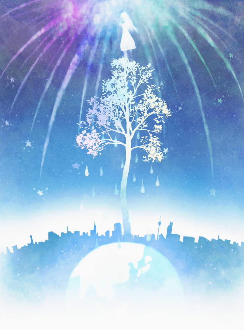 building city dress earth highres hono_mochizuki light long_hair original silhouette sky skyscraper space star_(sky) starry_sky tree