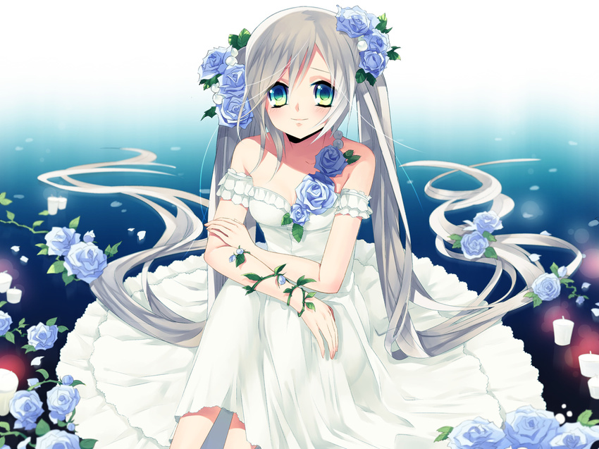 bare_shoulders blue_eyes blue_flower blue_rose dress flower grey_hair long_hair original plant rose rugo sitting smile solo twintails very_long_hair vines water