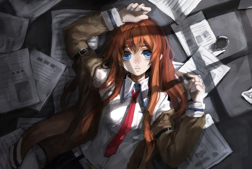 arm_up bad_id bad_pixiv_id blue_eyes brown_hair face jacket long_hair looking_at_viewer lying makise_kurisu necktie on_back paper red_neckwear shade silverwing solo steins;gate window_shade