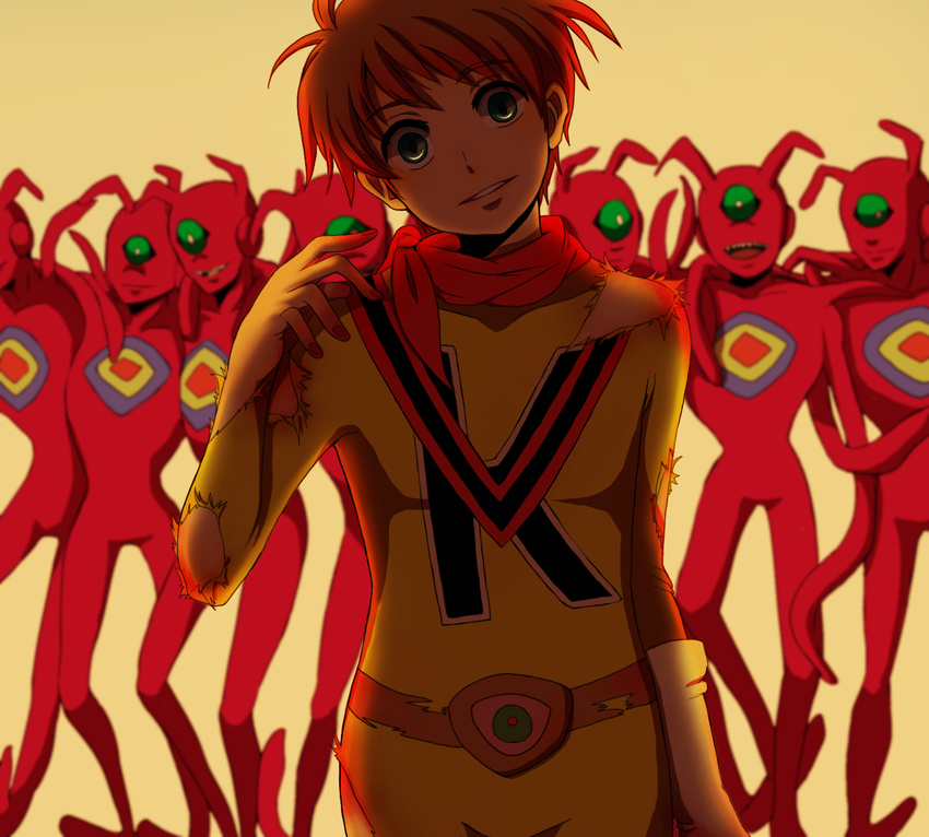 1boy 70s alien bad_end brown_hair byebyebye_(03) chargeman_ken! crazy_eyes empty_eyes gloves green_eyes grin highres izumi_ken jural knack looking_at_viewer oldschool one-eyed open_mouth scarf short_hair simple_background smile the_jurals torn_clothes yellow_background