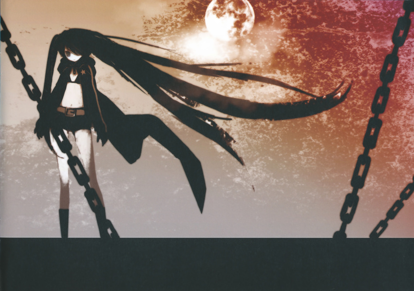 black_hair black_rock_shooter chain huke kuroi_mato long_hair moon scan sky twintails