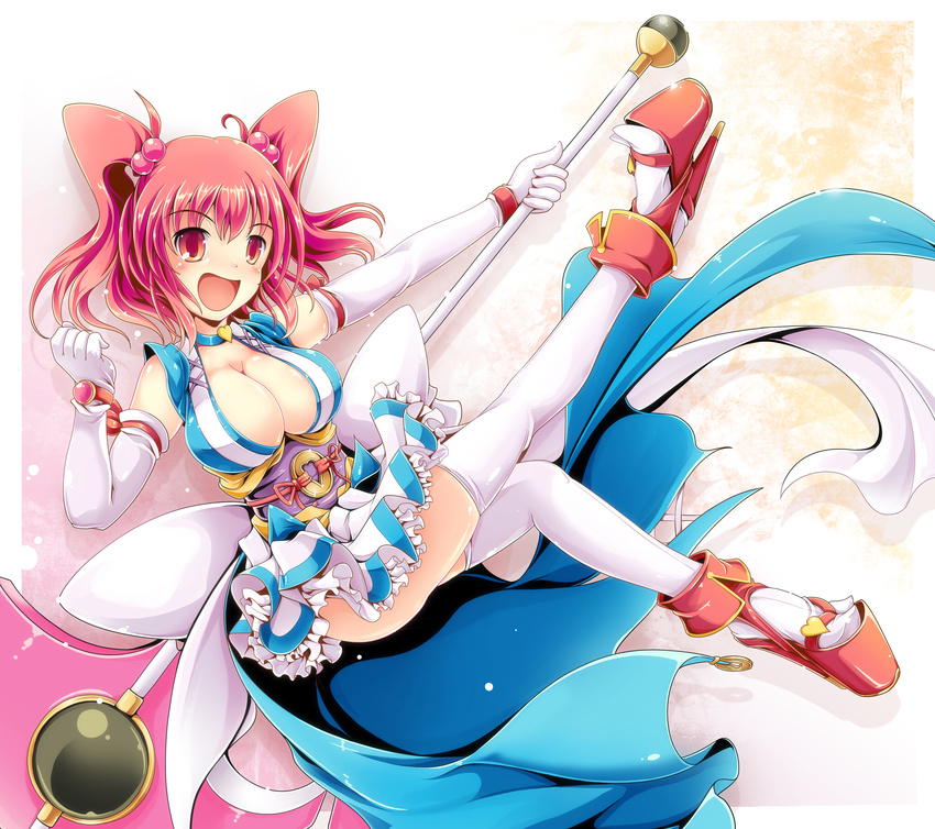 :d absurdres alternate_weapon black_skirt breasts choker cleavage clog_sandals coin dress elbow_gloves frills full_body gloves hair_bobbles hair_ornament happy heart high_heels highres holding holding_scythe ichirino_minagi large_breasts magical_girl md5_mismatch microskirt obi onozuka_komachi open_mouth petticoat platform_footwear platform_heels red_eyes red_hair sash scythe shoes short_hair skindentation skirt smile solo thighhighs touhou two_side_up weapon white_gloves white_legwear zettai_ryouiki