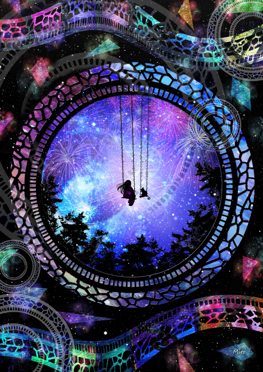 absurdres bow cat dark fireworks forest from_behind highres japanese_clothes kimono long_hair md5_mismatch mitoxxasxx nature night original sky star_(sky) starry_sky swing