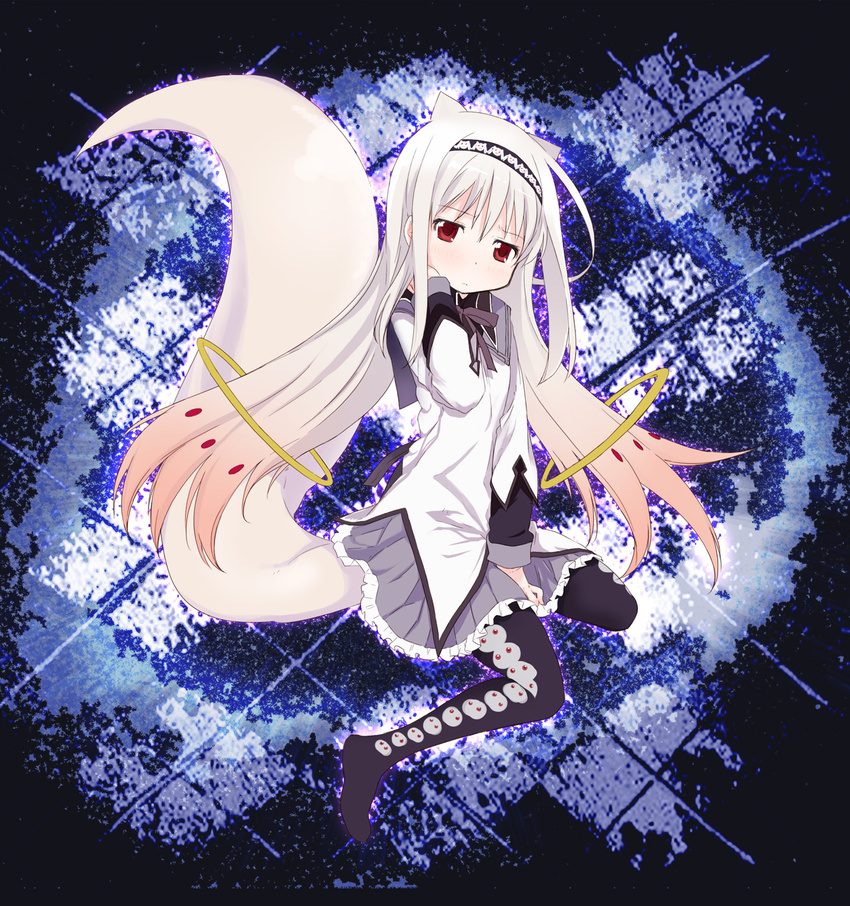 abe_kanari akemi_homura animal_ears argyle argyle_background between_legs between_thighs black_legwear blush bow bowtie capelet frills fusion hairband hand_between_legs hand_on_own_cheek hand_on_own_face highres kyubey long_hair looking_at_viewer mahou_shoujo_madoka_magica multicolored_hair pantyhose personification red_eyes sailor_collar sitting skirt solo tail wariza white_hair