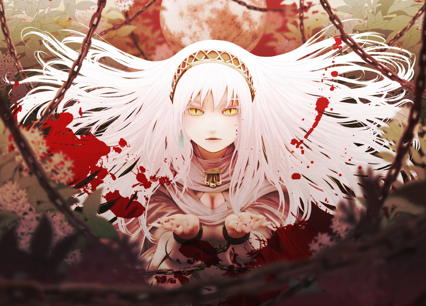 bad_id bad_pixiv_id blood blood_splatter breasts chain cleavage cuffs hairband highres long_hair looking_at_viewer medium_breasts megurine_luka nekoita pink_hair shackles slit_pupils solo vocaloid yellow_eyes
