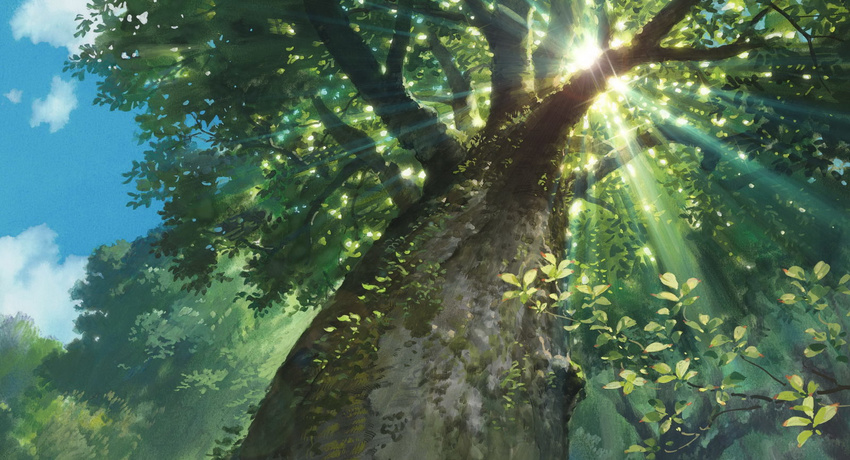 highres karigurashi_no_arrietty light_rays no_humans official_art perspective scenery sun sunbeam sunlight traditional_media tree