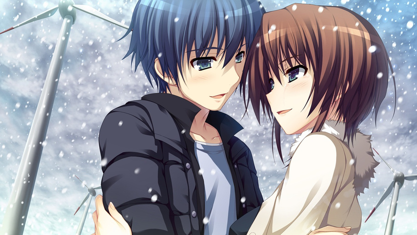 blue_eyes blue_hair brown_hair game_cg koi_de_wa_naku makishima_yumi male short_hair snow tears tomose_shunsaku