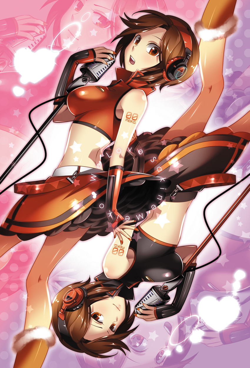 black_skirt brown_eyes brown_hair caffein crop_top dual_persona headphones heart highres light_smile looking_back meiko microphone microphone_stand midriff miniskirt multiple_girls nail_polish open_mouth orange_skirt petticoat rotational_symmetry sakine_meiko shiny shiny_skin short_hair skirt smile star vintage_microphone vocaloid younger zoom_layer