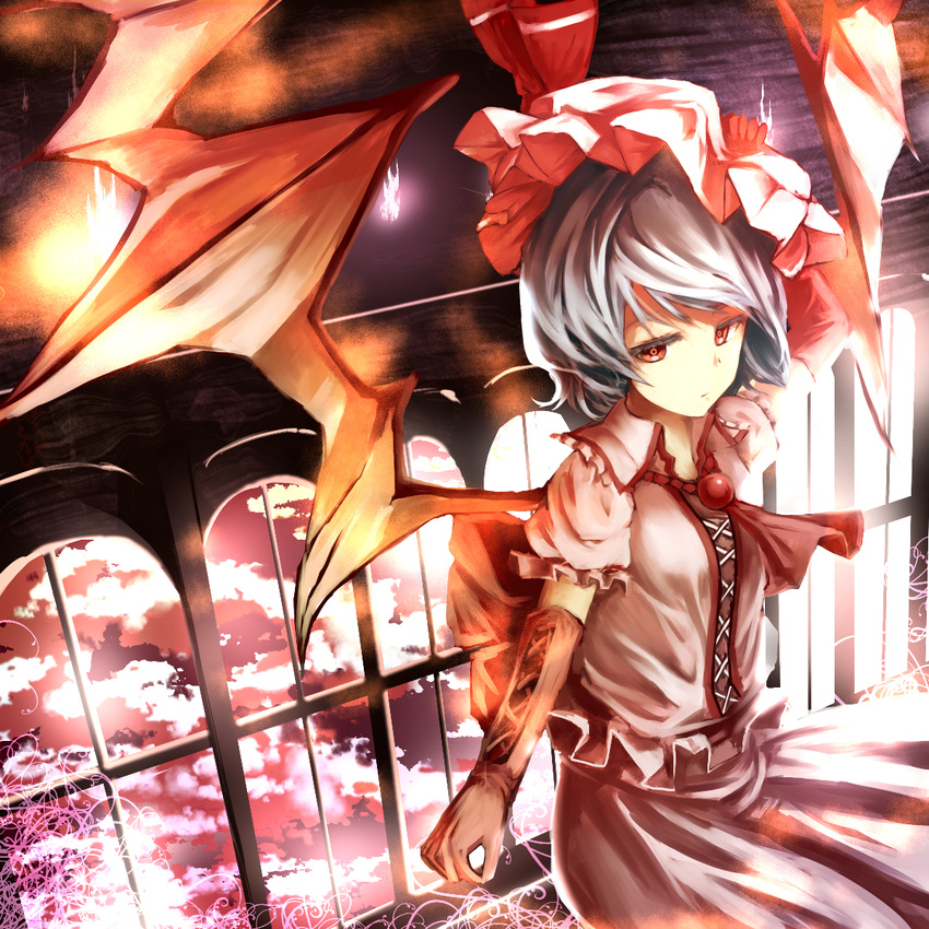 ascot bat_wings blue_hair bow buruxugi cloud elbow_gloves gloves grey_hair hat hat_bow highres red_eyes red_gloves remilia_scarlet short_hair solo touhou window wings