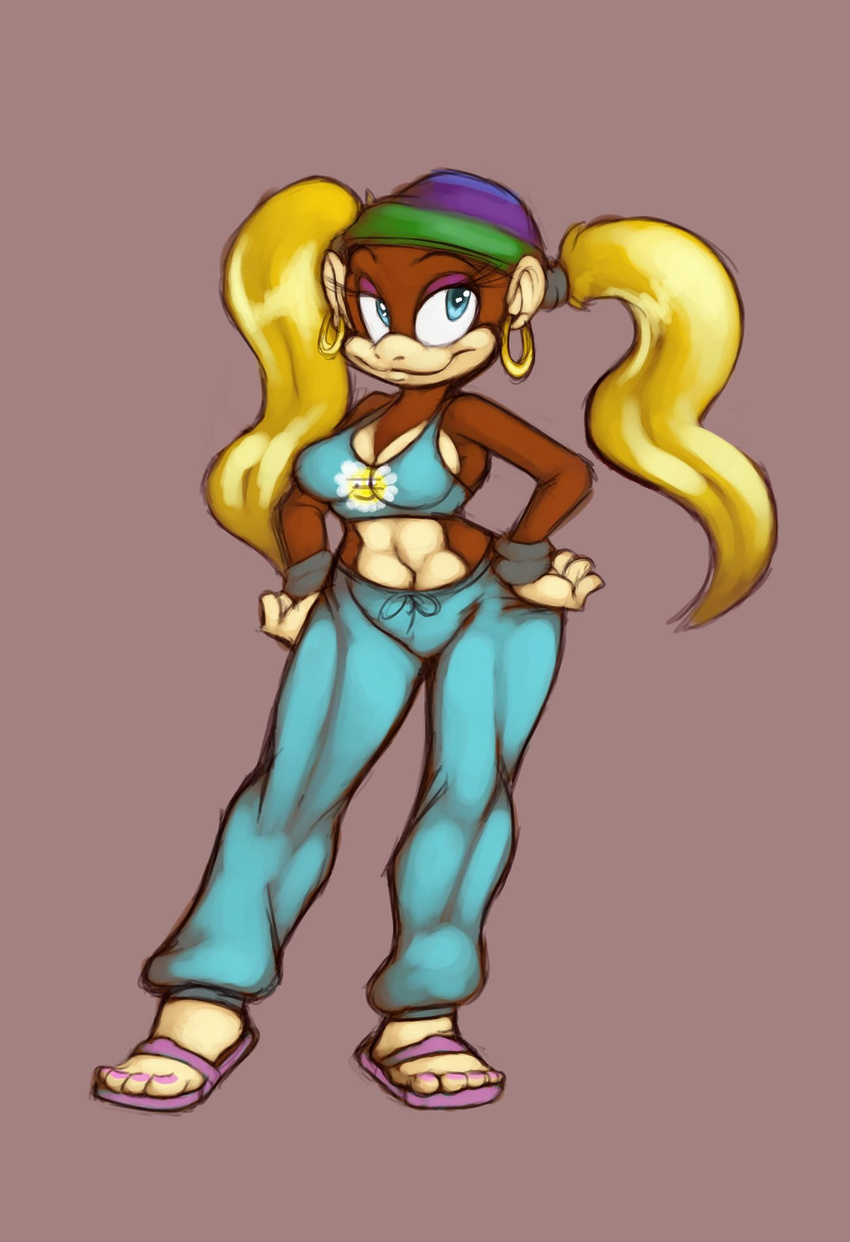 anthro ape blonde_hair blue_eyes breasts clothed clothing commission donkey_kong_(series) ear_piercing earring female hair hat kayla-na looking_at_viewer mammal mel_the_hybrid nintendo older piercing primate sandals smile solo standing tiny_kong twintails video_games