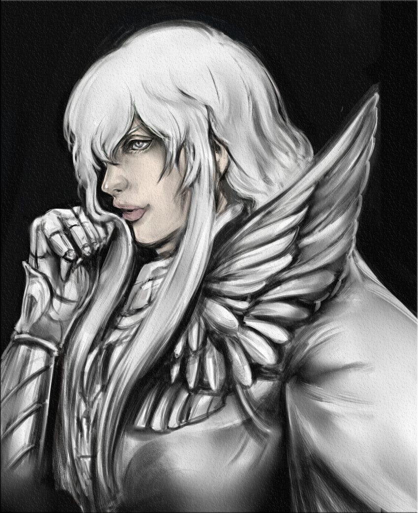 bad_id bad_pixiv_id berserk diablosso faux_traditional_media grey_eyes griffith highres long_hair male_focus solo white_hair