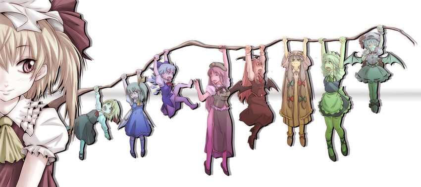 :&lt; :d :o ^_^ ahoge ao_usagi apron arm_up arms_up ascot bangs barefoot bat_wings beret black_legwear black_skirt blonde_hair blue_dress blue_eyes blue_hair blue_ribbon blue_skirt blunt_bangs bow braid china_dress chinese_clothes cirno closed_eyes colorful crescent cup daiyousei dress dress_shirt drinking everyone fairy_wings fang flandre_scarlet flying_sweatdrops frilled_skirt frills gradient green_eyes green_hair green_skirt grey_hair hair_bow hair_ribbon hanging hat hat_ribbon head_wings high_heels highres hime_cut hong_meiling ice ice_wings izayoi_sakuya kicking kneehighs koakuma large_bow lavender_hair long_hair long_skirt long_sleeves looking_down looking_up low_wings maid maid_headdress md5_mismatch medium_skirt miniskirt multiple_girls necktie open_mouth outstretched_arms pantyhose patchouli_knowledge pink_skirt purple_dress purple_eyes purple_hair rainbow_order red_eyes red_hair red_ribbon remilia_scarlet ribbon rumia shirt shoes short_hair short_sleeves side_ponytail side_slit sidelocks skirt skirt_set smile spread_arms star striped striped_dress surprised sweatdrop teacup the_embodiment_of_scarlet_devil touhou trembling twin_braids v-shaped_eyebrows vertical_stripes very_long_hair vest waist_apron waving white_hair white_legwear white_shirt wings wrist_cuffs