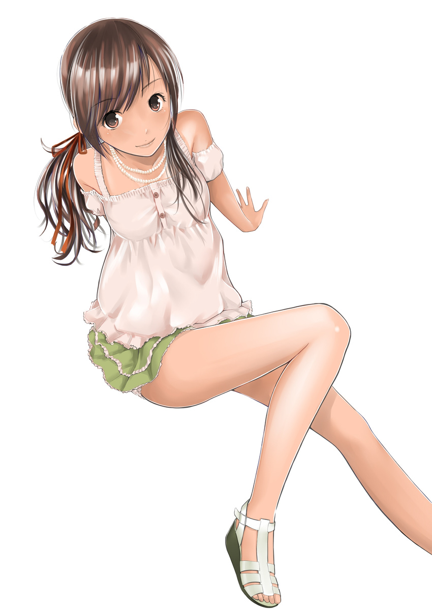 absurdres arm_support bare_legs bare_shoulders brown_eyes brown_hair camisole green_skirt highres hitori_(htr_t) jewelry lace lace-trimmed_skirt layered_skirt legs long_hair miniskirt necklace original sandals simple_background sitting skirt smile solo
