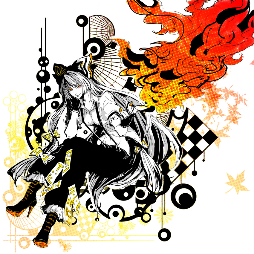 bad_id bad_pixiv_id bow checkered chin_rest crossed_legs fingerless_gloves fire fujiwara_no_mokou gloves hair_bow high_heels leaf long_hair maple_leaf monochrome ofuda pants shoes sitting smile solo spot_color suspenders touhou yun0213