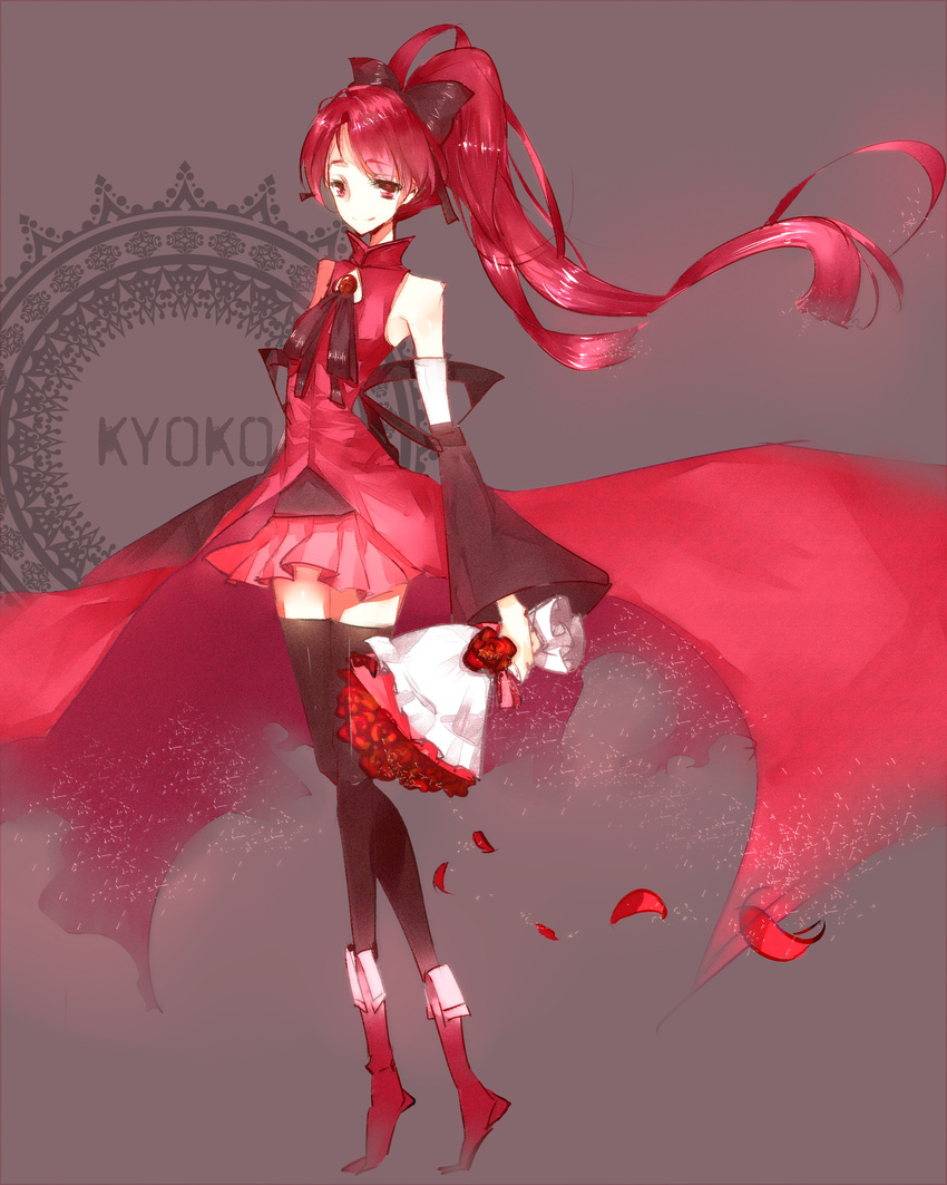 absurdres adapted_costume bad_id bad_pixiv_id bare_shoulders black_legwear boots bouquet bow chipakano detached_sleeves flower hair_bow highres long_hair magical_girl mahou_shoujo_madoka_magica miniskirt petals pink_skirt pleated_skirt ponytail red_eyes red_hair ribbon sakura_kyouko skirt solo thighhighs