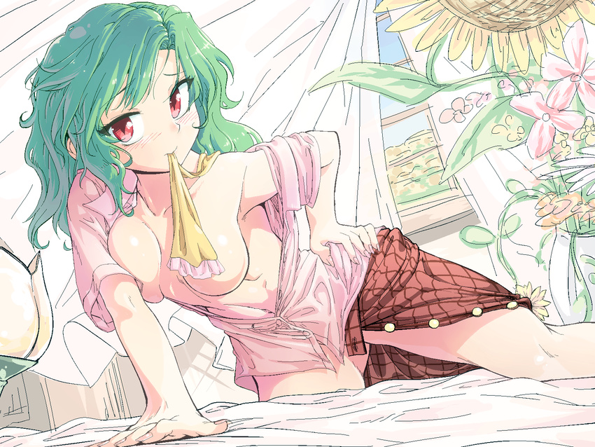 arm_support ascot bad_id bad_pixiv_id bare_shoulders bed blush breasts breasts_apart censored convenient_censoring dress_shirt flower geppewi green_hair hand_on_hip highres indoors kazami_yuuka leaning_forward looking_at_viewer medium_breasts mouth_hold nature no_bra no_panties off_shoulder open_clothes open_shirt open_skirt plaid plaid_skirt pleated_skirt red_eyes red_skirt shirt short_hair skirt skirt_pull solo sunflower touhou undone_necktie undressing window