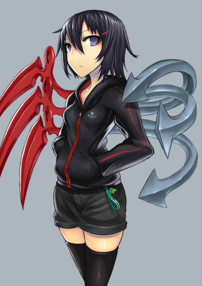 :o alternate_costume asymmetrical_wings black_hair black_legwear cellphone_charm cellphone_strap contemporary gia hair_ornament hairclip hands_in_pockets highres hood hoodie houjuu_nue looking_at_viewer purple_eyes short_hair shorts simple_background solo thighhighs touhou ufo wings