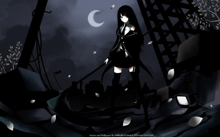 black_hair black_rock_shooter death_scythe huke long_hair moon scythe skirt thighhighs vector watermark weapon