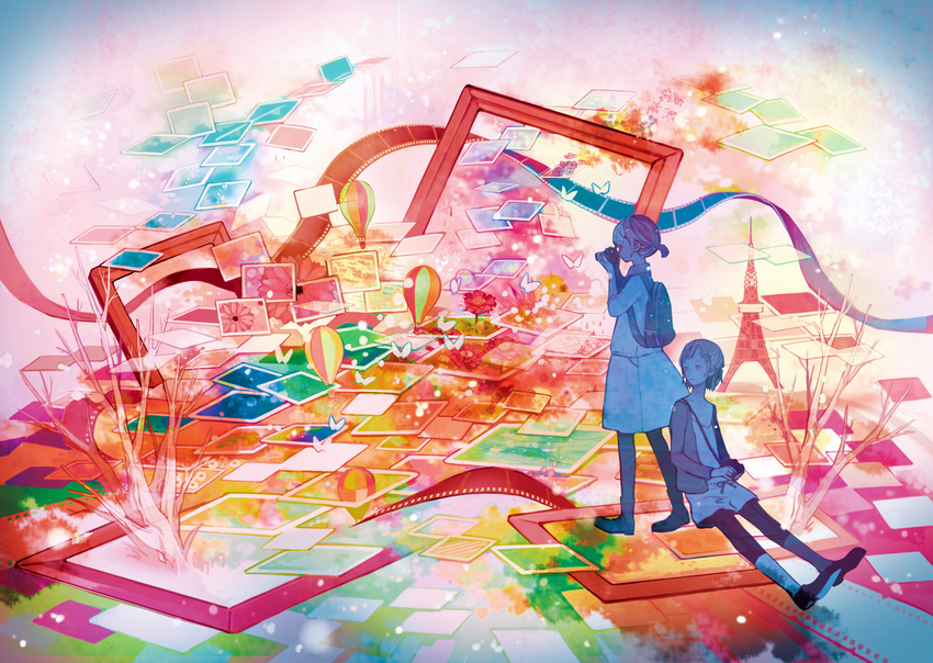 2girls aircraft backpack bag bug butterfly camera colorful eiffel_tower film_strip flower frame hot_air_balloon insect multiple_girls original photo_(object) short_hair sitting standing tree