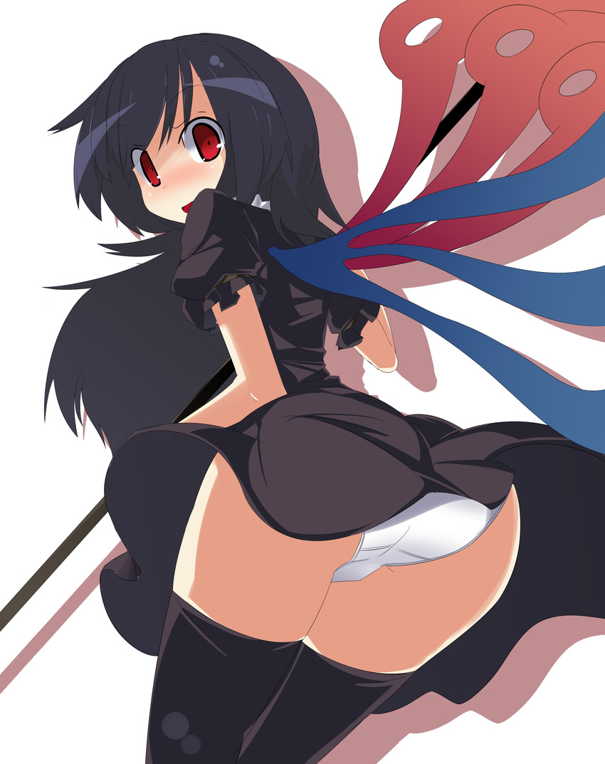 absurdres ass asymmetrical_wings bad_id bad_pixiv_id black_dress black_hair black_legwear blue_wings dress from_behind highres houjuu_nue leaning_forward long_hair looking_back naotaka open_mouth panties red_wings solo thighhighs touhou underwear upskirt white_panties wings