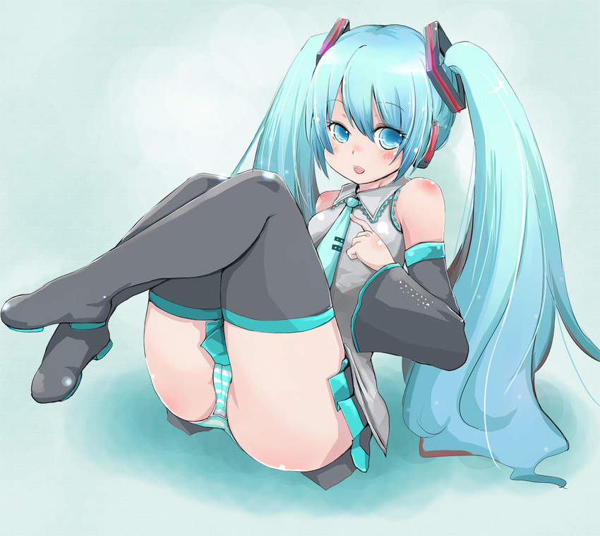 blue_eyes blue_hair blush bow detached_sleeves hair_bow haruyukiko hatsune_miku long_hair lying panties solo striped striped_panties thighhighs twintails underwear vocaloid