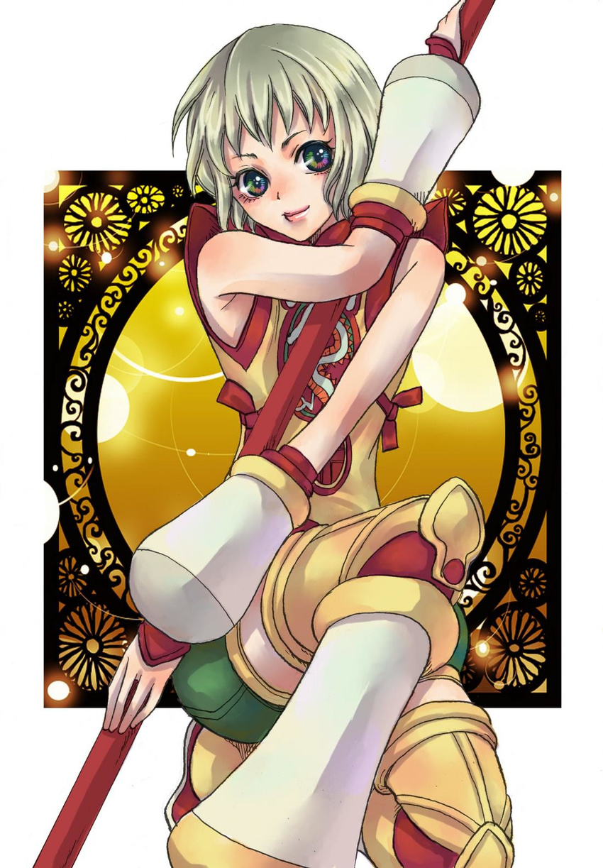 blonde_hair chinese_clothes detached_sleeves dragon_kid highres huang_baoling multicolored multicolored_eyes short_hair shorts solo staff superhero thighhighs tiger_&amp;_bunny tooyama_haruki